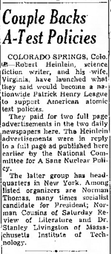 Albequerque Journal article announcing Heinlein's Patrick Henry League